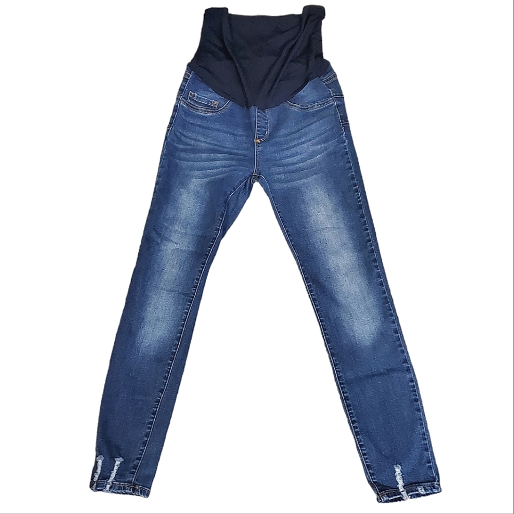 S.O.N.G. | Women's blue washed denim skinny ankle full-panel maternity jeans.